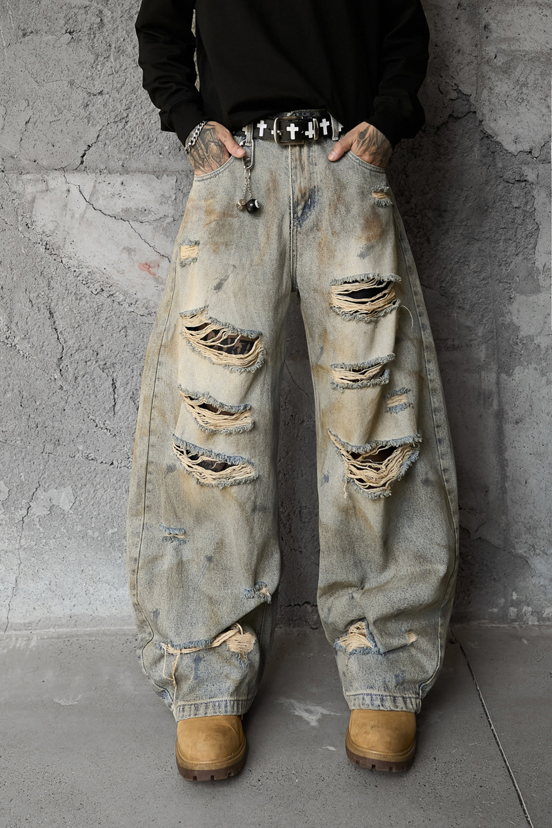 Style Casual Knife-Shape Pants Men Loose Straight Leg Distressed Autumn Fashion Vintage Ripped Jeans