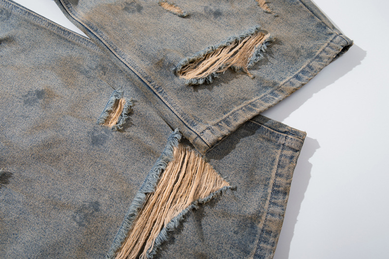 Style Casual Knife-Shape Pants Men Loose Straight Leg Distressed Autumn Fashion Vintage Ripped Jeans