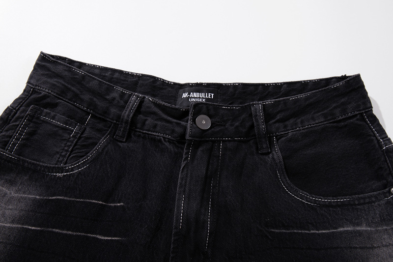 Vintage Washed Lightning Pattern Straight Leg Jeans Men High Quality Gradient Trendy Brand Wide Leg Pants