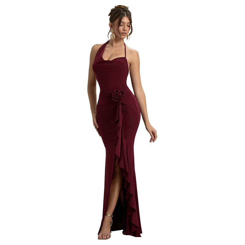 V-Neck Asymmetric 3D Floral Side Split Dress