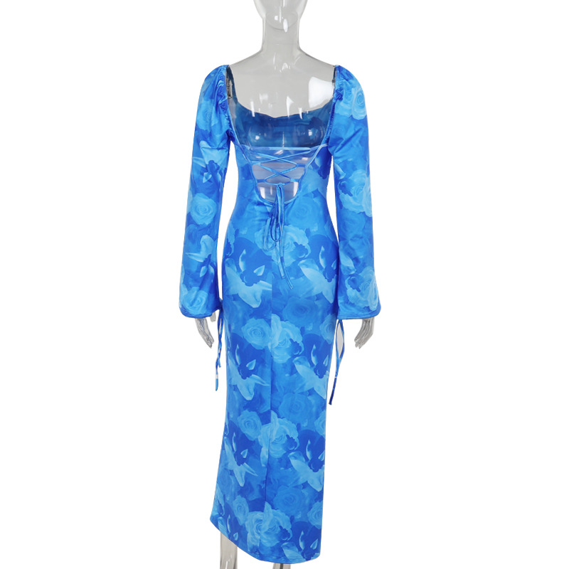 Bell-Sleeved Patterned Open Back Tie Dress