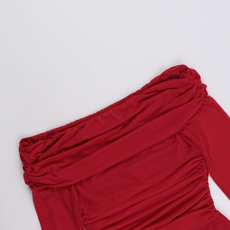 Asymmetrical Long Sleeve Sheer Ruched Side Vent Skirt
