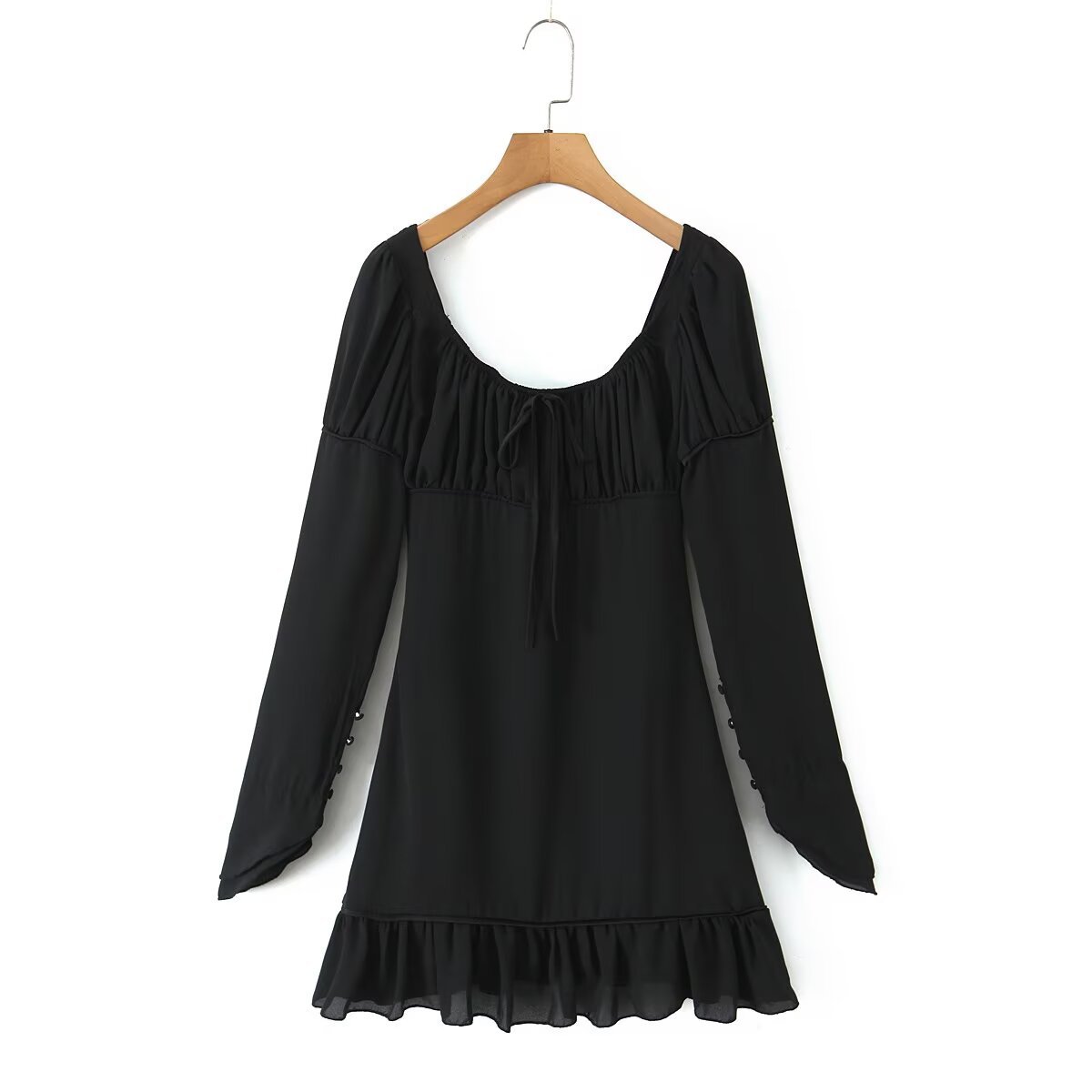 Square collar long sleeved backless black fungus trimmed short dress for women