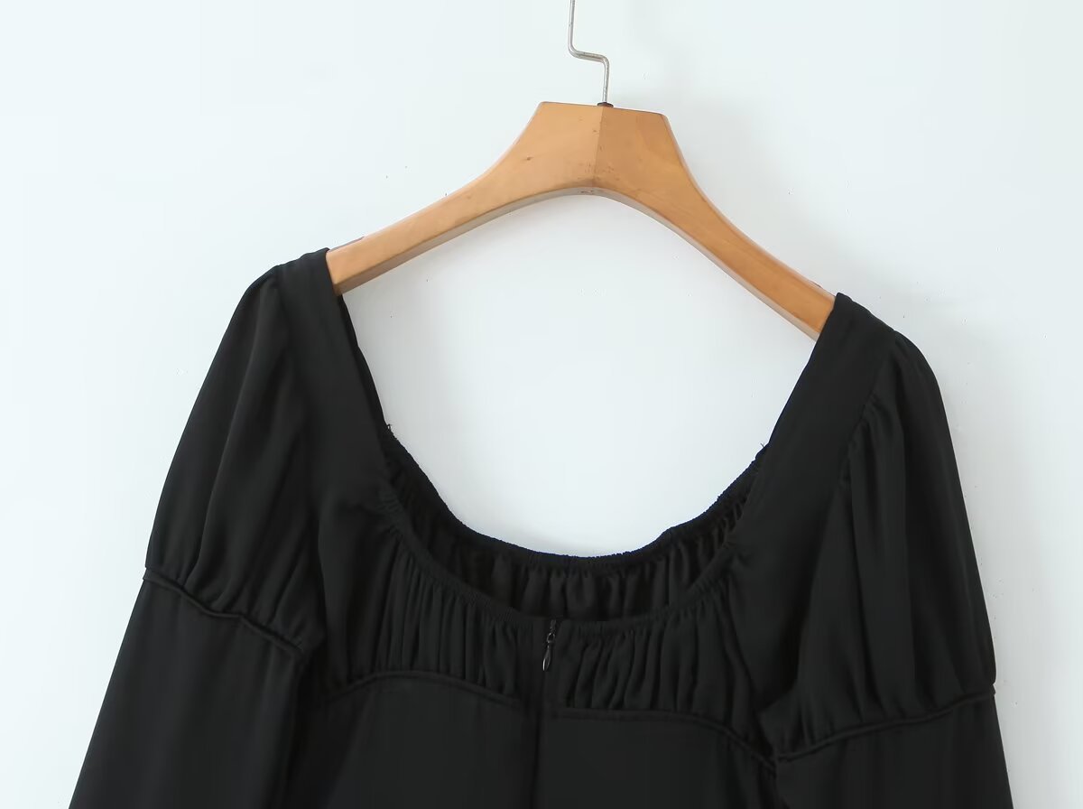 Square collar long sleeved backless black fungus trimmed short dress for women