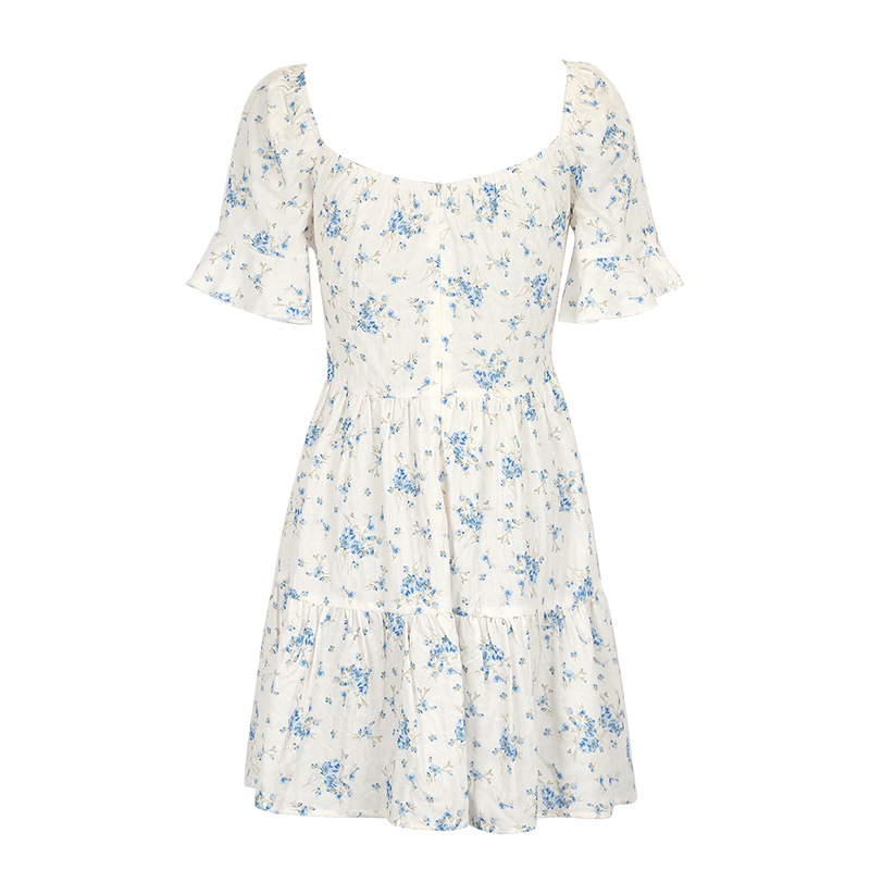 U Neck Puff Tie Waist Frilled Midi Dress