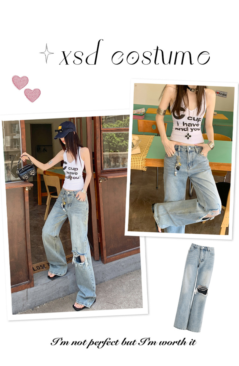 Light Blue Distressed Wide-Leg Jeans Women Retro Design Loose Straight Pants High Street