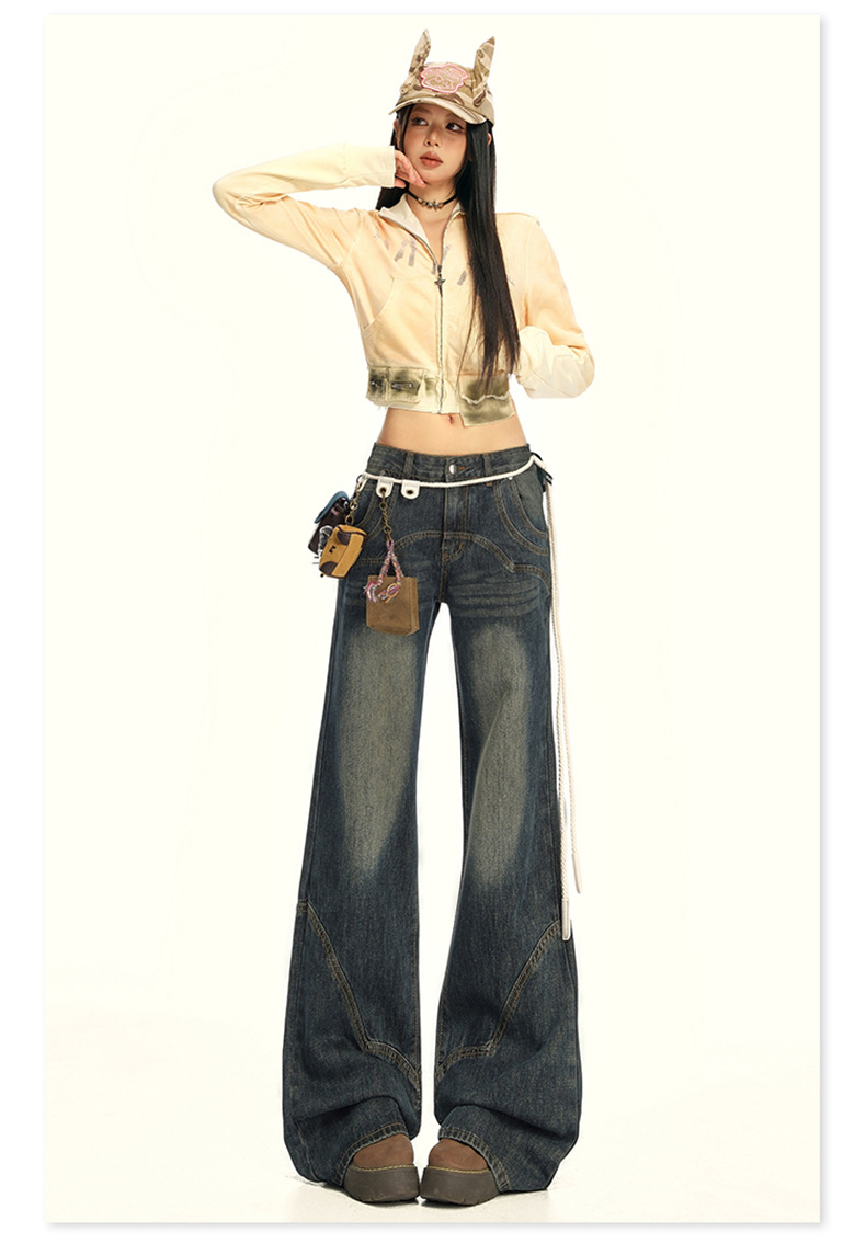 Women's Wide-Leg Jeans with Splicing Retro Design Loose and Slimming Flare Pants