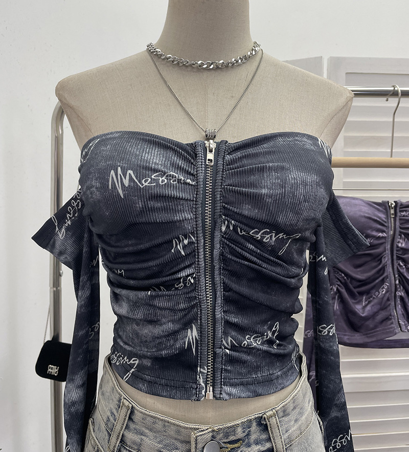 Polyester Smudge Print Open-Front Full-Sleeve Cropped Tee