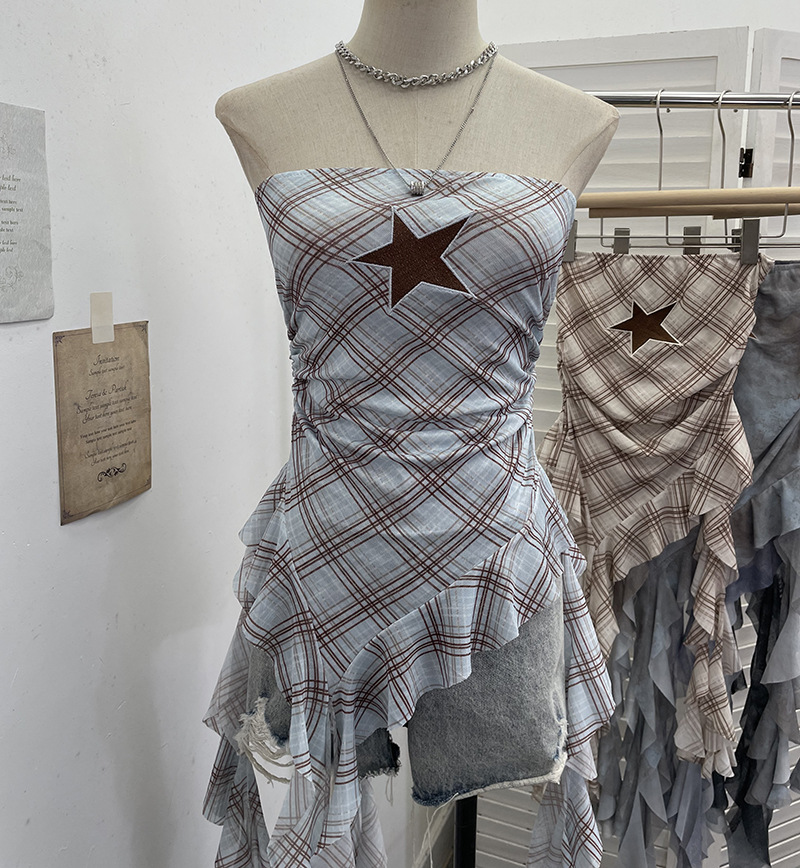 Sultry Asymmetric Plaid Mesh Strapless Top