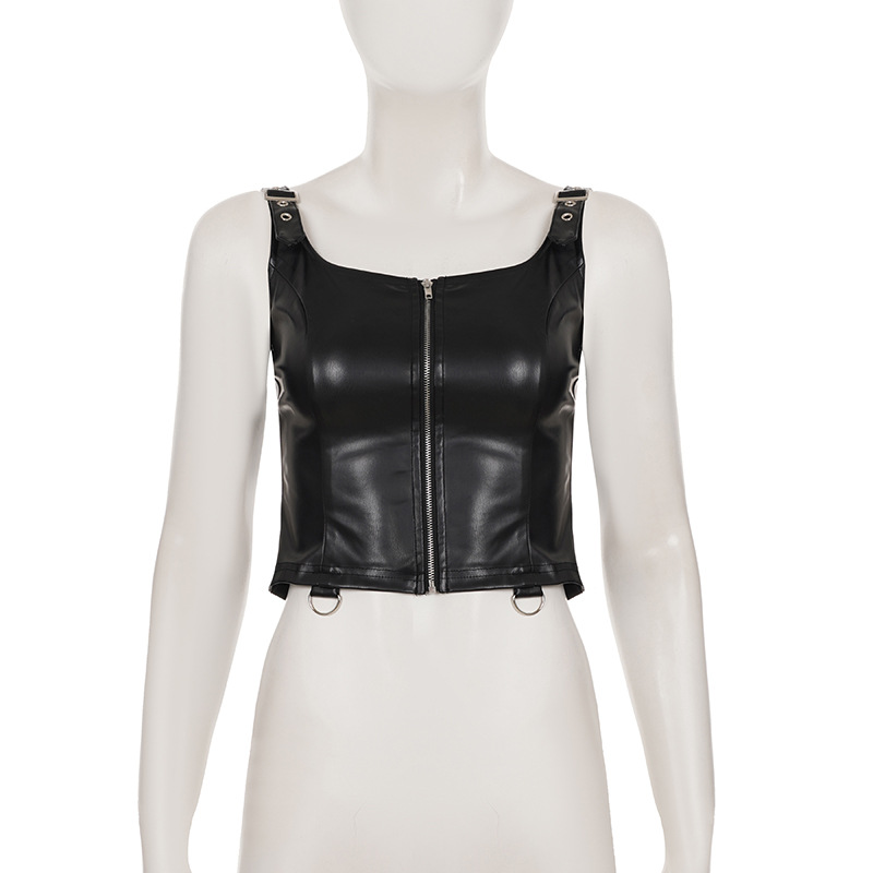 Zip-Front Moto Lambskin Tank Top