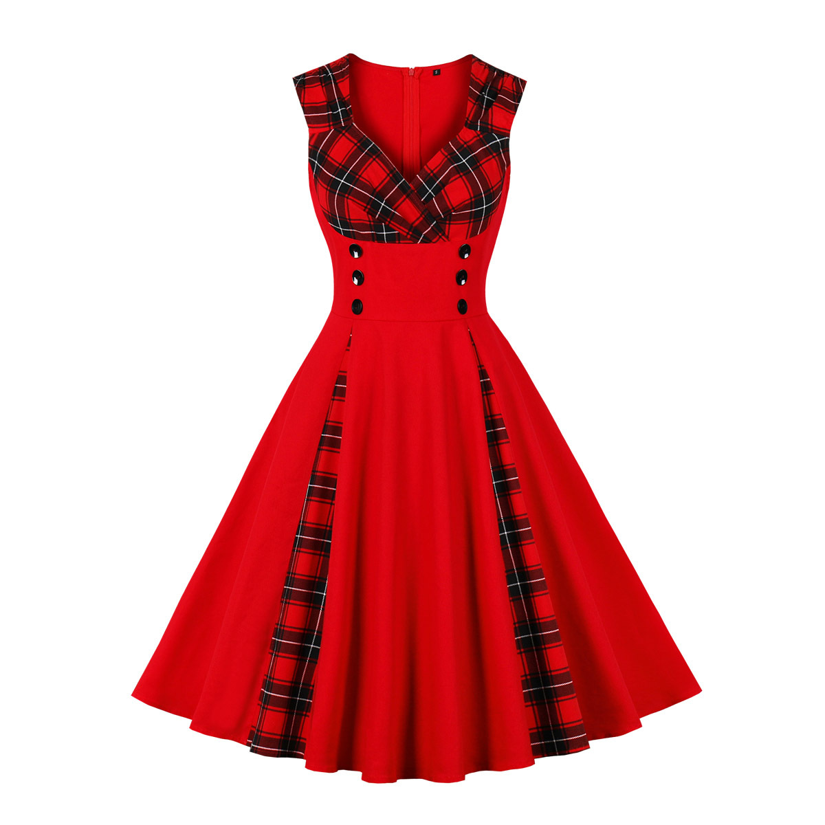 V-Shaped Neck Sleeve-Free Checkered A-Line High-Waist Midi Dress