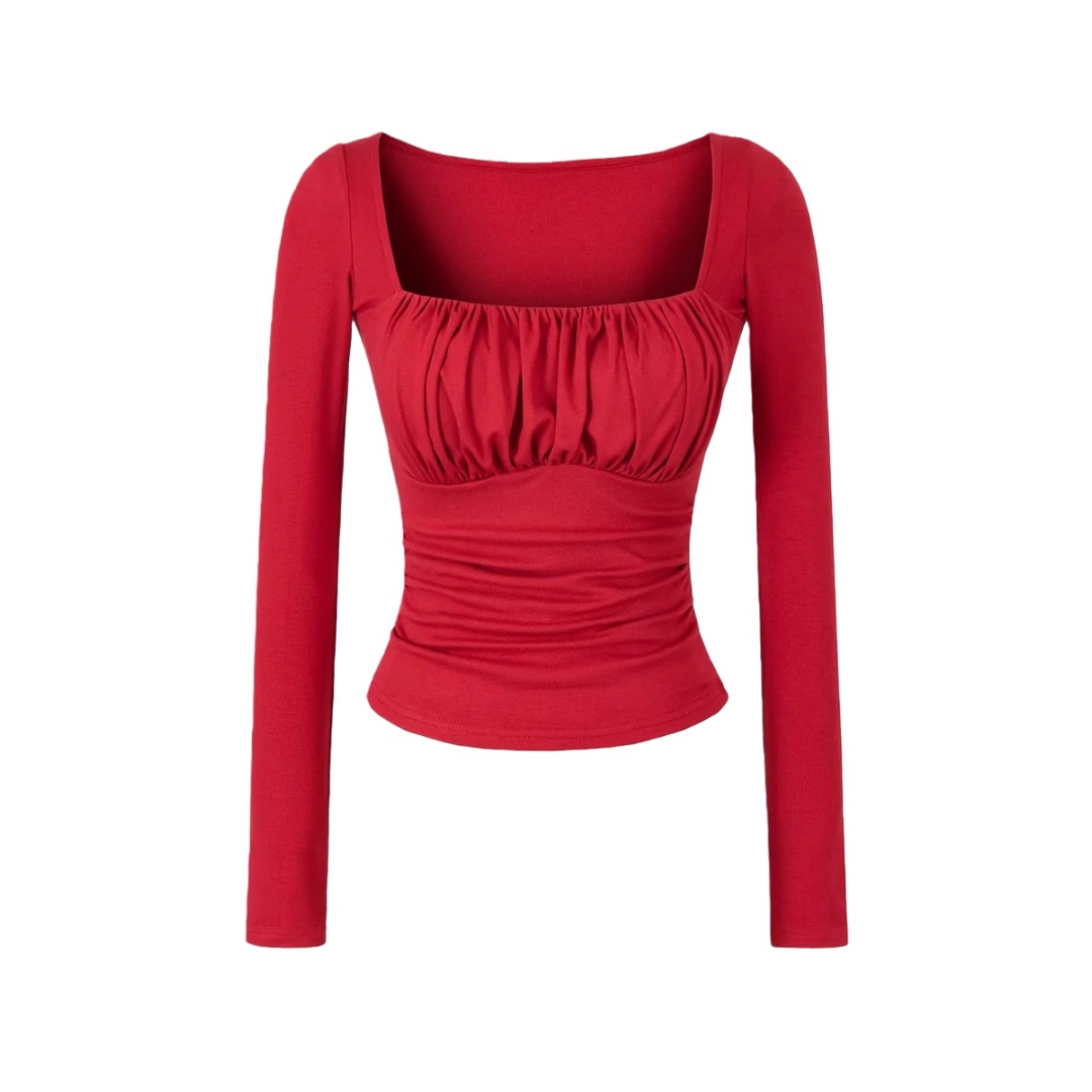 Spicy Wrist-Length Collarbone Cutout Structured Frill Fitted Tee