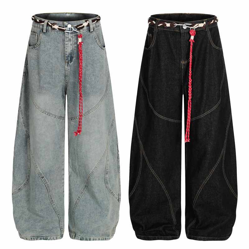 Streetwear Hip-Hop Deconstructed Patchwork Knife-Edge Jeans Unisex Loose Distressed Washed Vintage Wide-Leg Pants