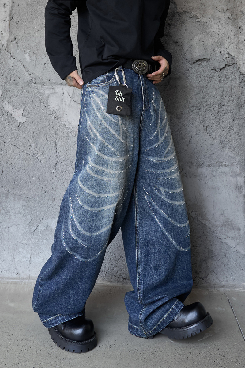 Style Butterfly Cat Whisker Laser-Printed Denim Pants with Unique Design, Wide Leg, Loose Fit, Straight Cut, Oversized Jeans