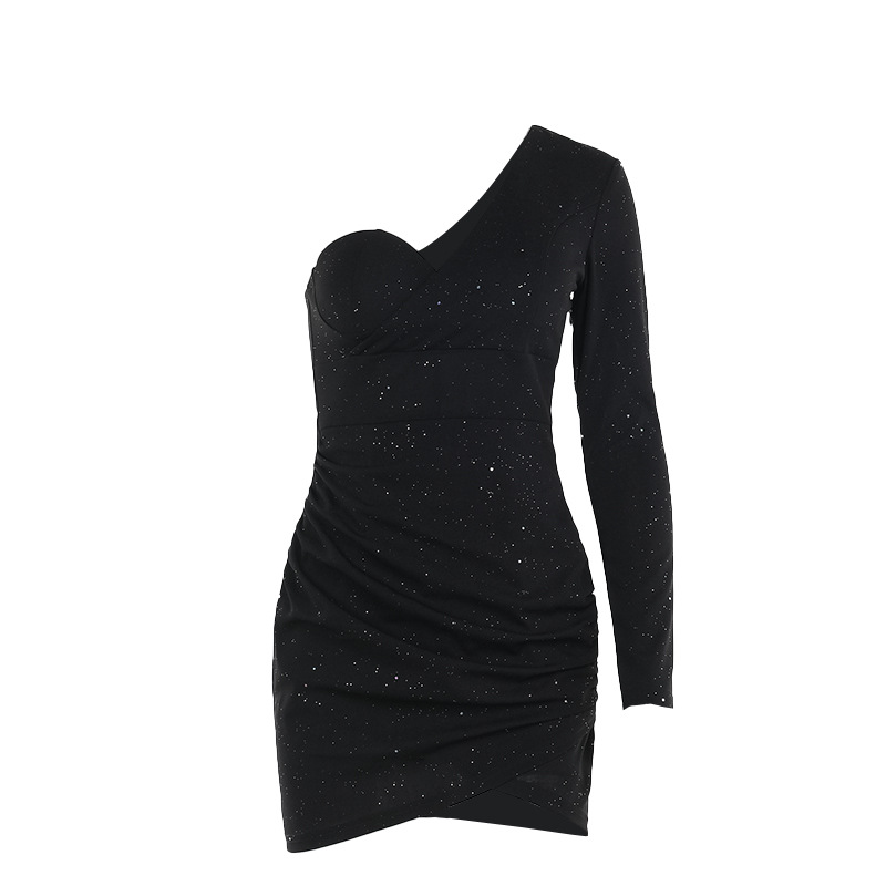 Asymmetric V-Neck Full Sleeve Pleat Detail Fitted Dress
