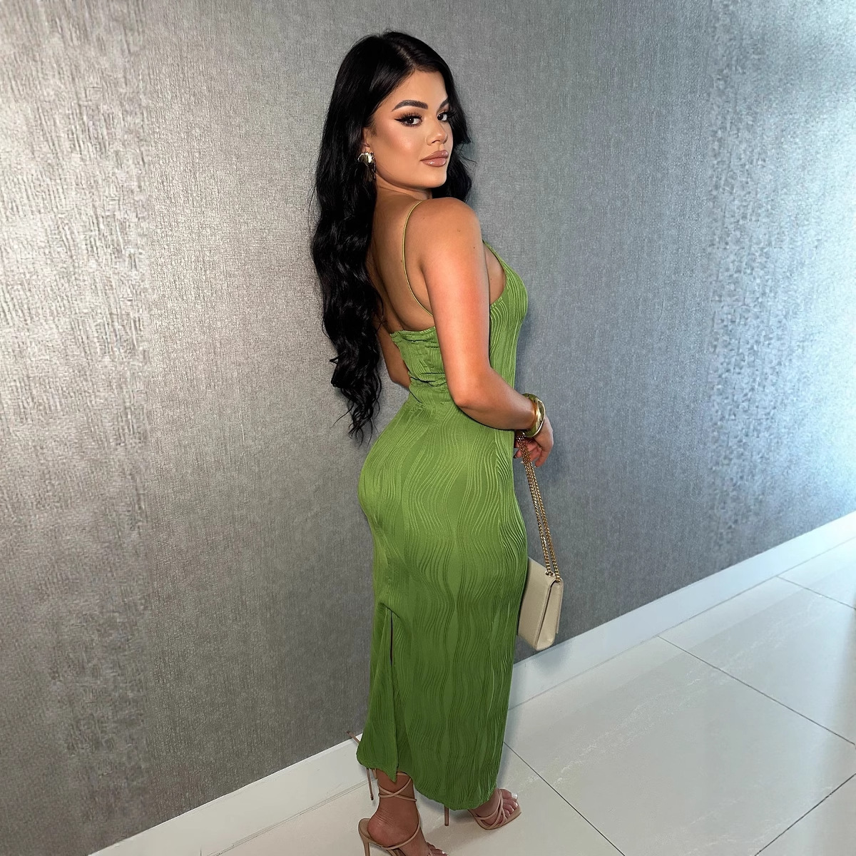 Open Back Sleeveless Collarless Polyester Mid Waist Dress