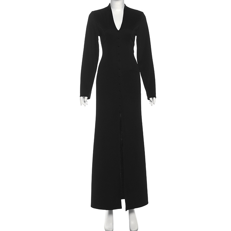 Plunging Neckline Long Sleeve Cinched Torso Vented Dress