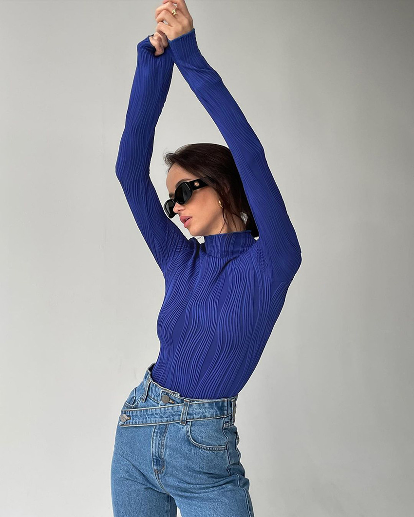 Ladies Navy Turtleneck Fitted Jersey Knit Pullover