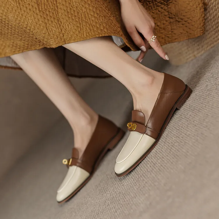 Blapunka Women Genuine Leather Loafers Designer Metal Lock Mix-color Slip-on Flat Shoe Ladies Spring Autumn Casual Comfort Flats