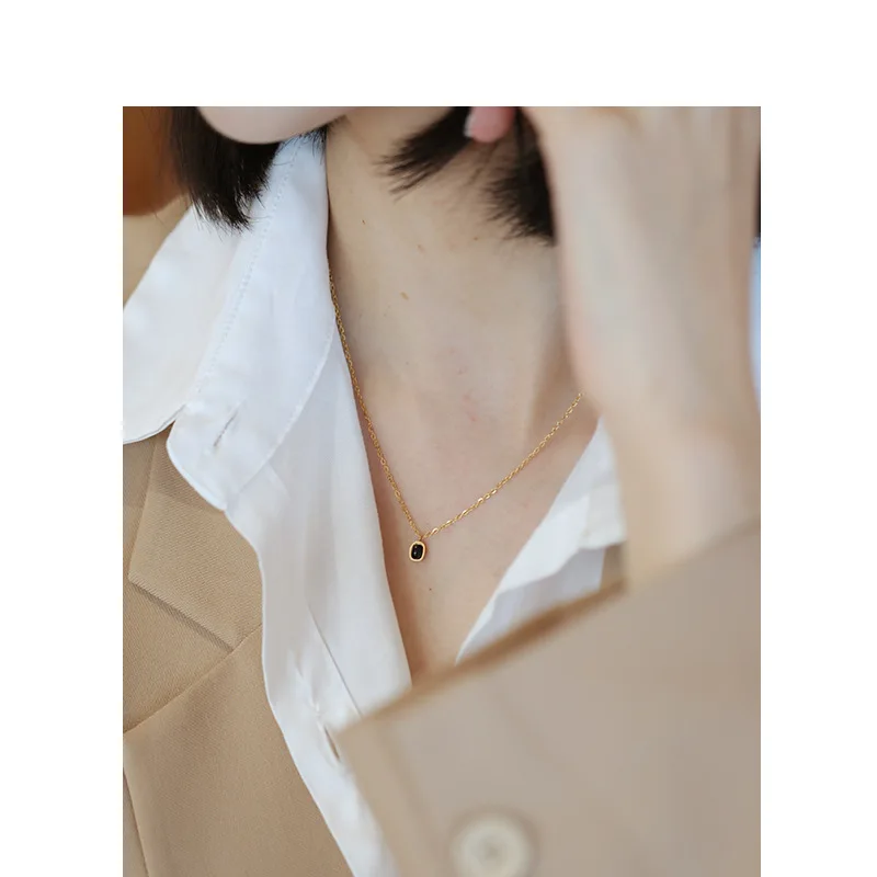925 Sterling Silver Black Agate Pendant Necklace for Women Simple Korean ins 18k Gold Plated Clavicle Chain fine Jewelr