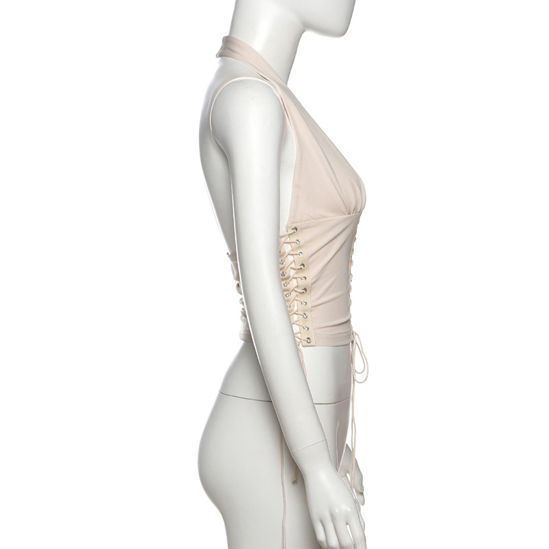 Deep V-belt vest hanging neck slim fit versatile top for women
