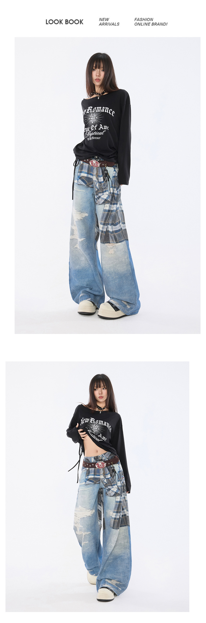 Women's Shirt Belted Printed Denim Pants Straight Leg Trousers Trendy