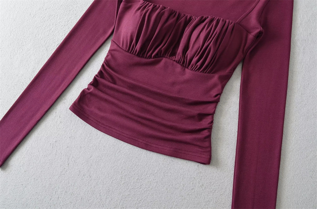Spicy Wrist-Length Collarbone Cutout Structured Frill Fitted Tee