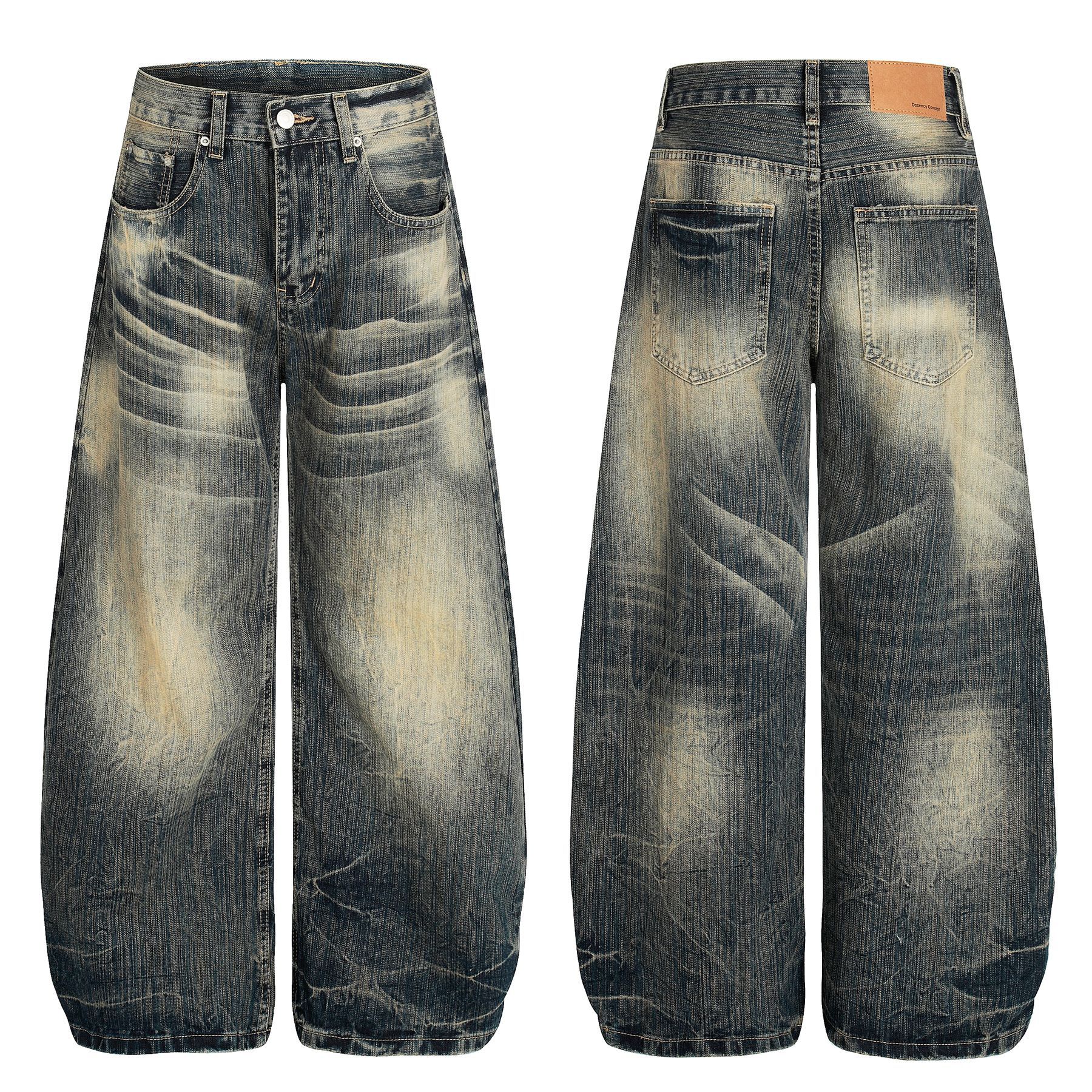 Street Vintage Washed Bamboo Texture Design Loose Wide-Leg Denim Pants for Men and Women