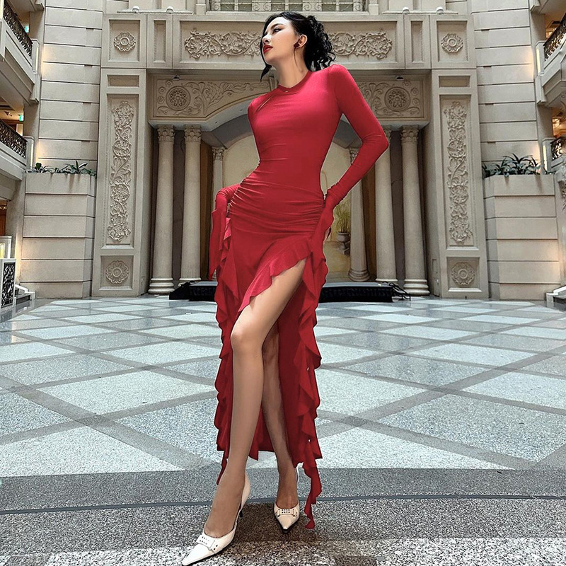 Round Neck Full Sleeve Polyester Cutout Dress