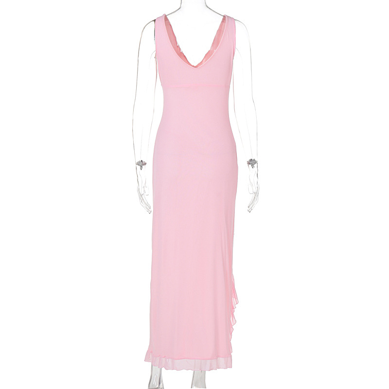 Dark Plunging A-Line Tank Dress with Scalloped Split