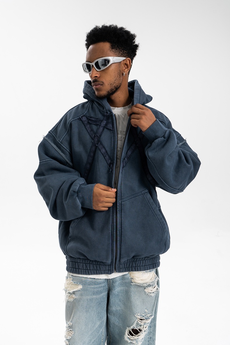 Utility Distressed Cotton Insulated Full-Zipper Embroidery Hoodie