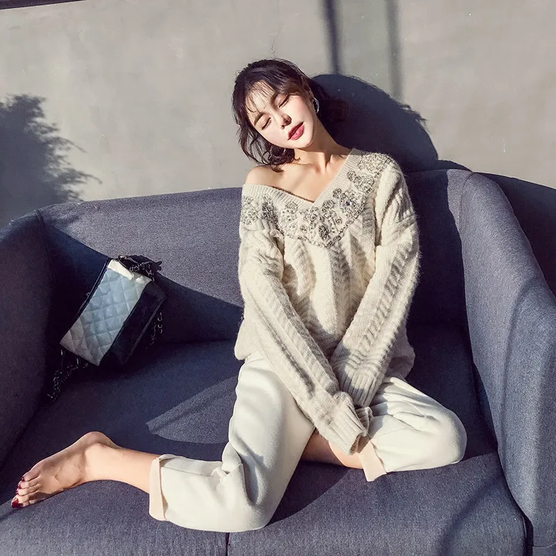 Ladies Oversized Wool Blend Embellished Sweater