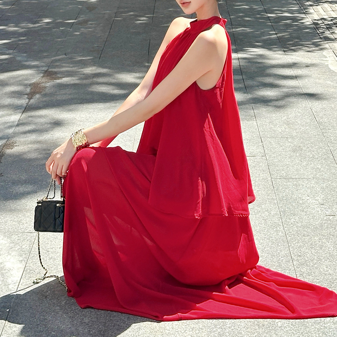 Sleeveless Scarlet Tie Neck Long Dress