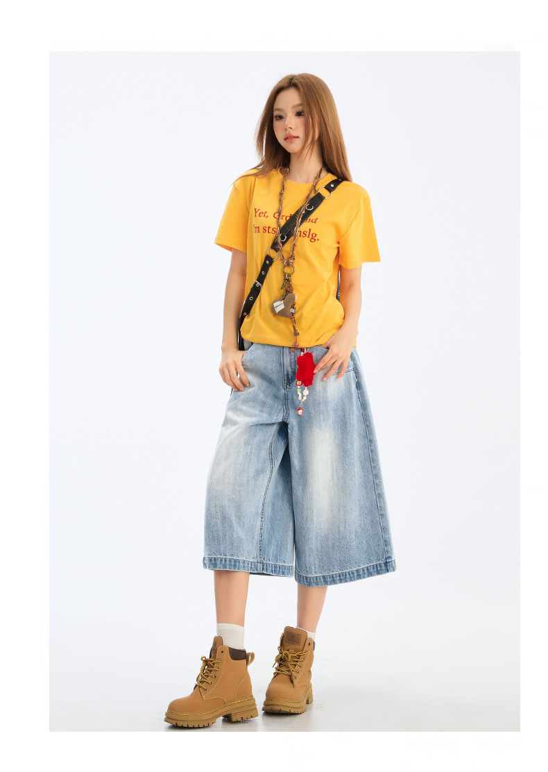 Wide-Leg Seven-Point Denim Pants for Women High-Waist Loose Fit Lazy Style Straight Leg Versatile Mid-Length Trousers
