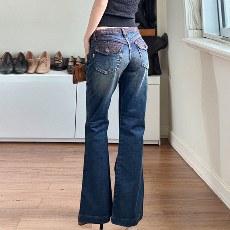 Street Motorcycle Retro Style Patchwork Color Block Flare Denim Pants Slim Fit Casual Long Trousers