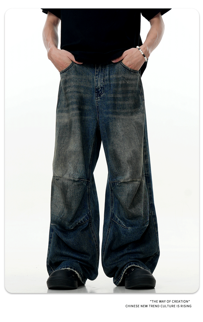 Distressed Pleated Denim Pants for Men and Women Straight Loose Casual Slim Wide-Leg Long Pants