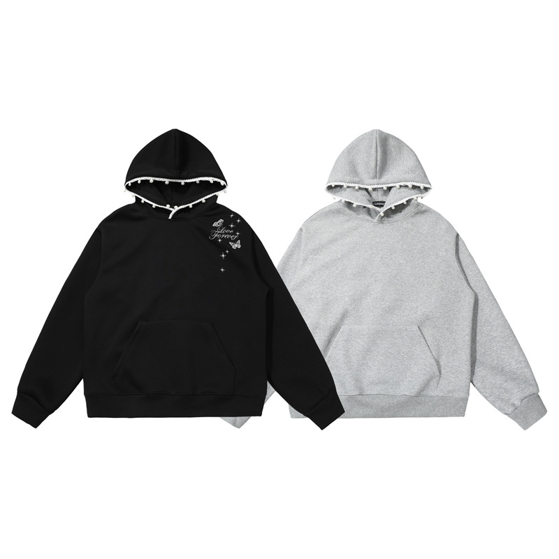 Street Style Letter Beaded Hoodie, Unisex Loose Casual Hooded Sweatshirt