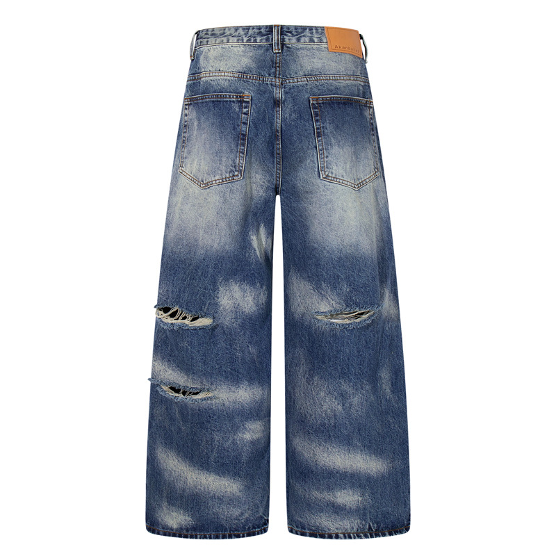 Vintage Personality Design Ripped Streetwear Loose Fit Jeans Men Hip Hop Distressed Wide Leg Long Pants