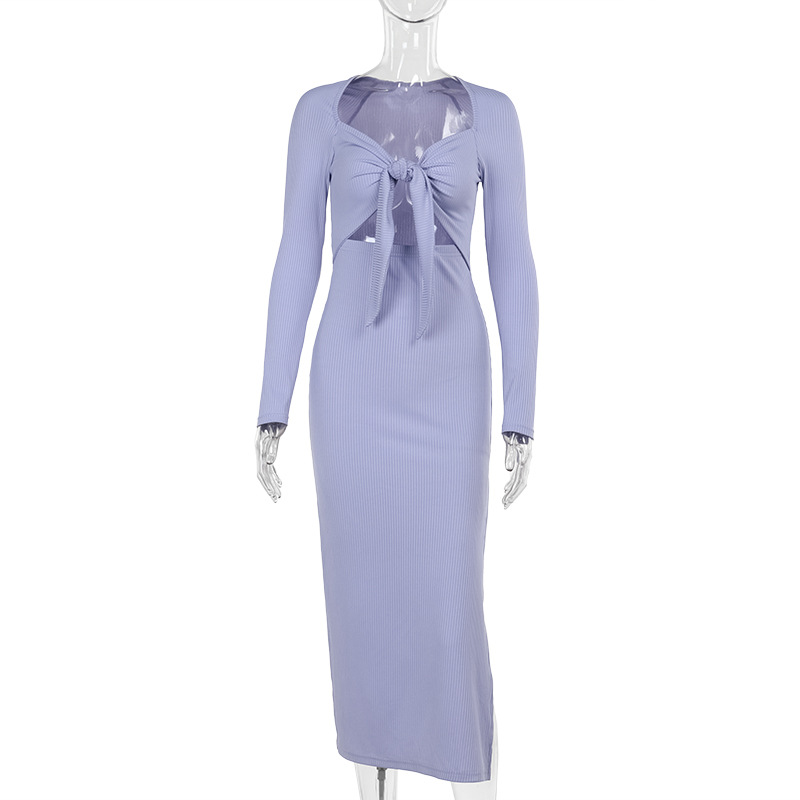 V-Neck Cutout High-Waist Full-Sleeve Side Split Pencil Dress