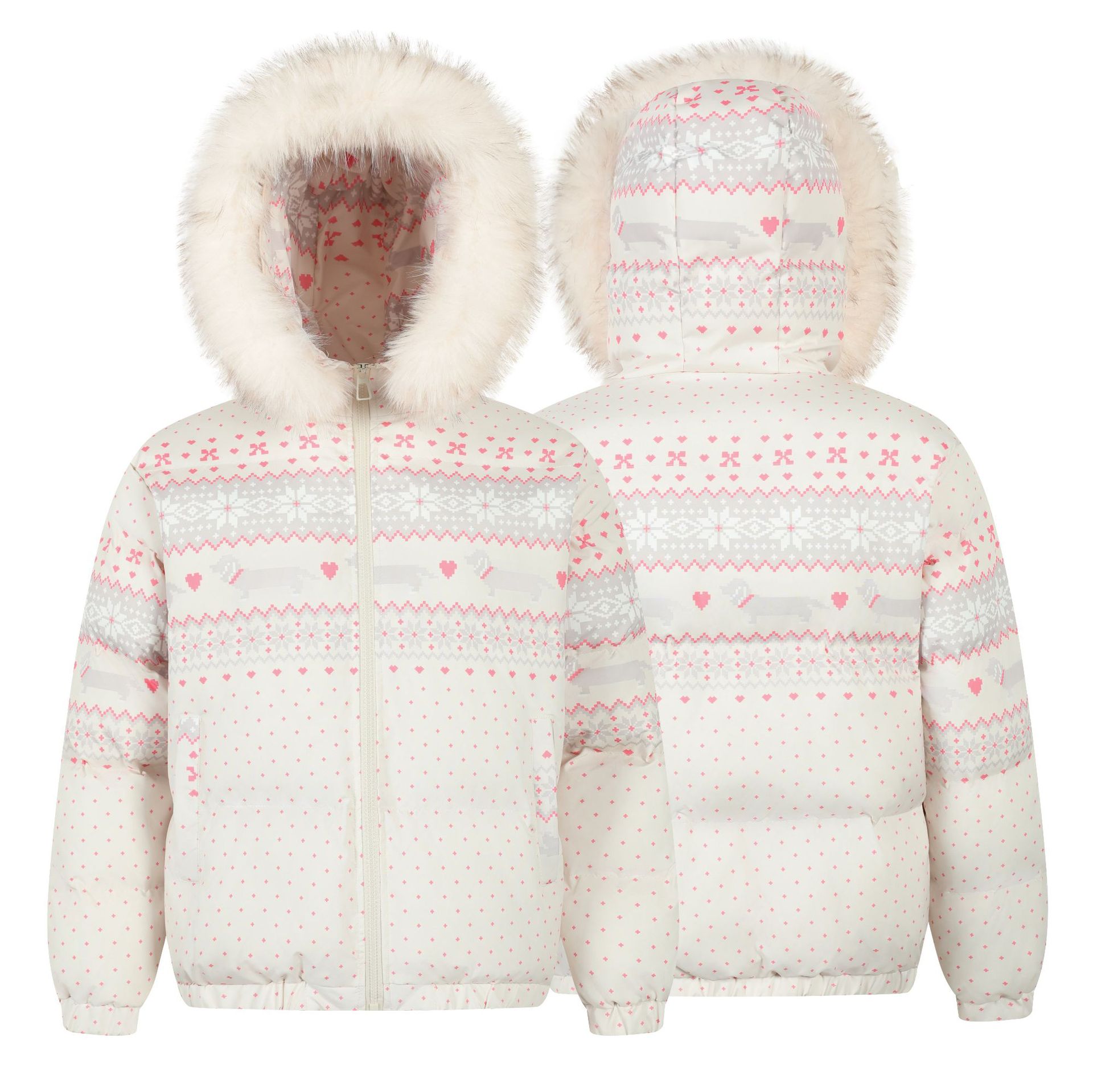 Hooded Fair Isle Detachable Fur Collar Cotton Coat Warm Outerwear