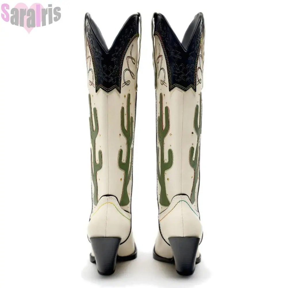 Western Cowboy Mid Calf Women Boots Chunky High Heels Cactus Vintage Cowgirl Long Boots Retro Shoes Woman