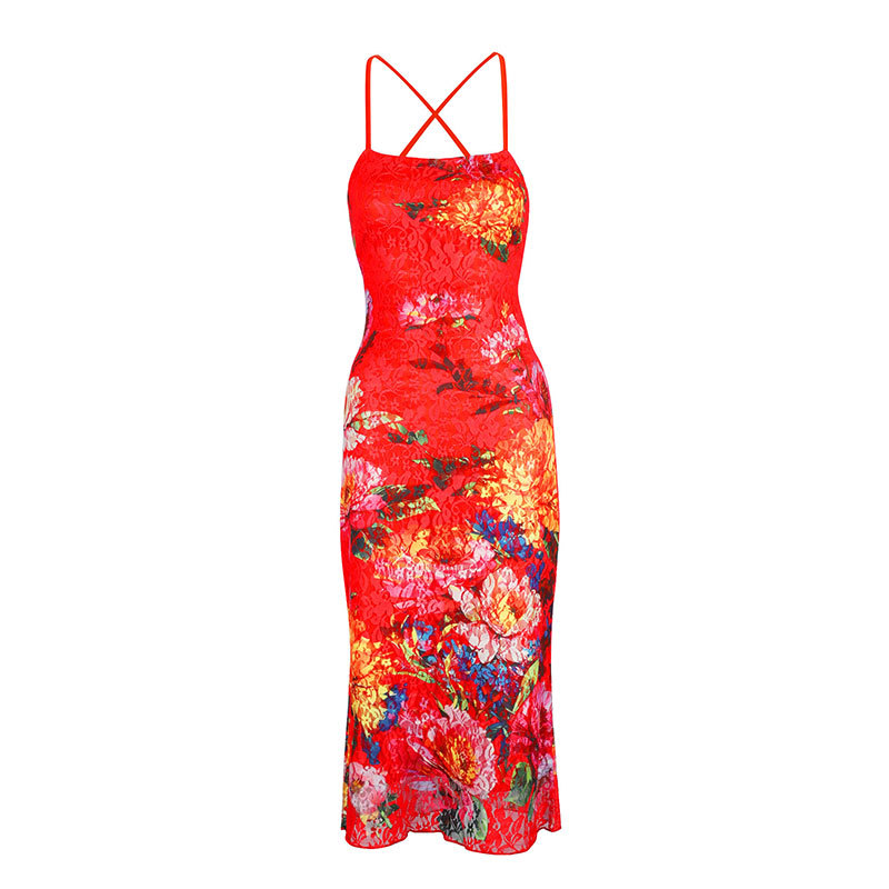 Draped Strap-Free Open Back Flower Pattern Bodycon Dress