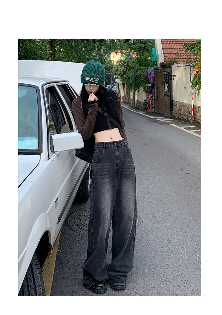 Women's Faded Black and Gray Denim Pants High-Waisted Loose Floor-Length Wide-Leg Trousers