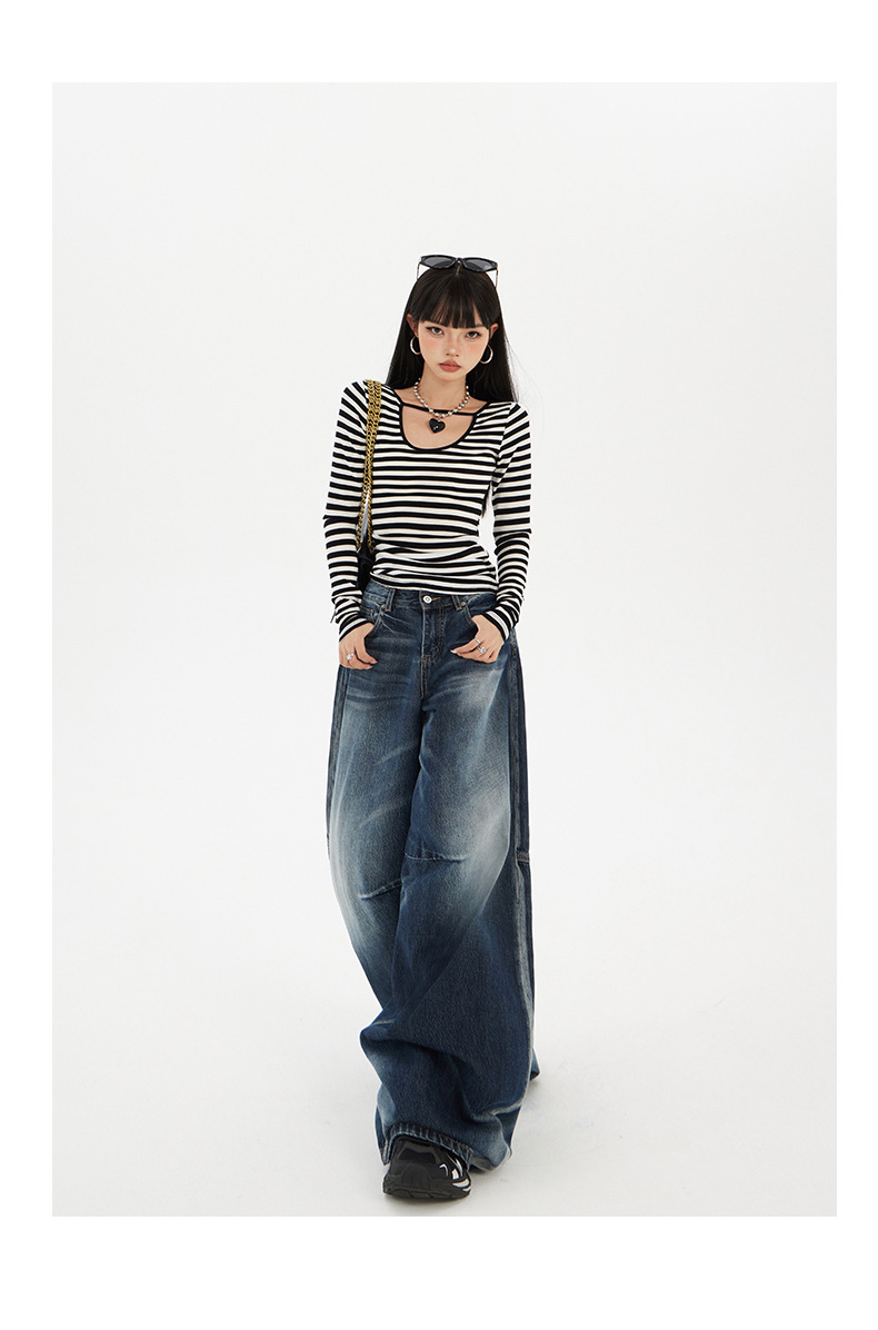 Women's Wide-Leg Jeans Washed Blue Pear-Shaped Slant Pants