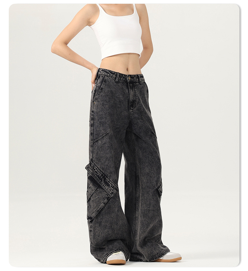 Women's Black and Gray Washed Denim Pants Summer Irregular Wide-Leg Trousers