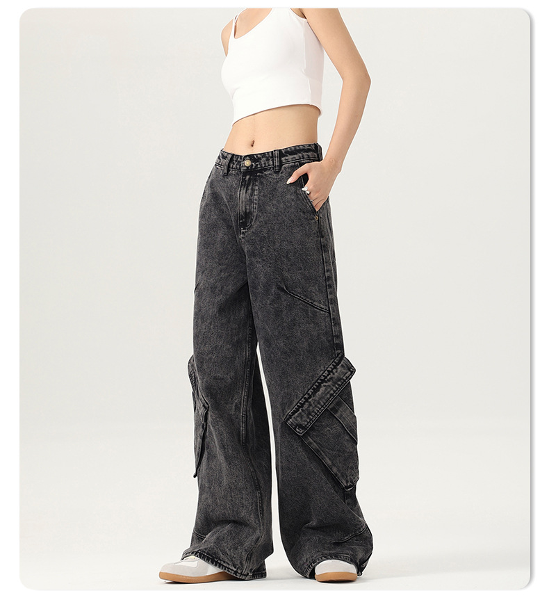 Women's Black and Gray Washed Denim Pants Summer Irregular Wide-Leg Trousers