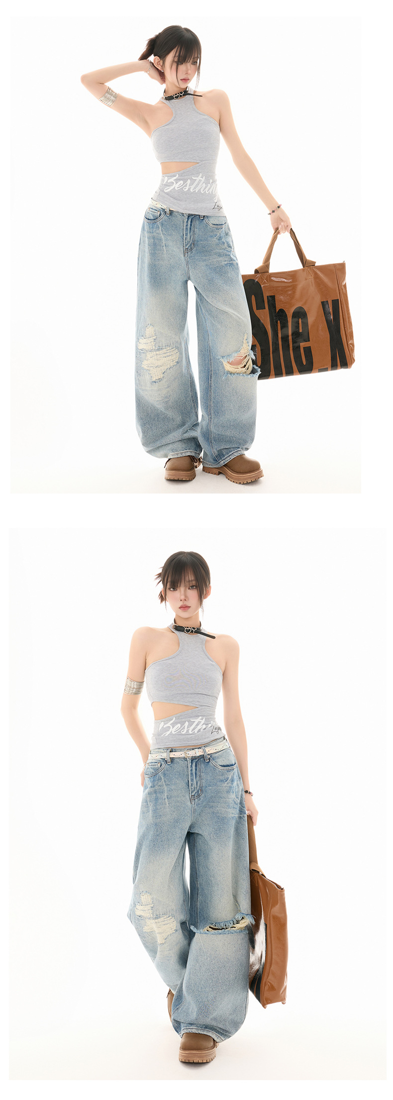 Women's Ripped Straight Leg Jeans Washed Vintage Design Loose Wide Leg Pants