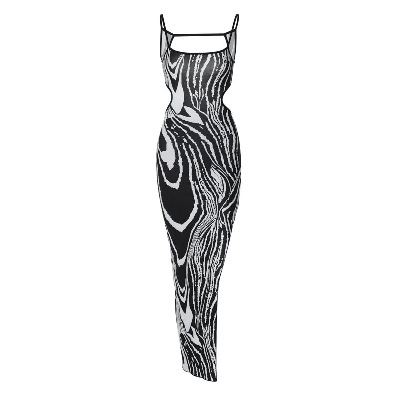 Printed sexy backless hollow slit suspender dress