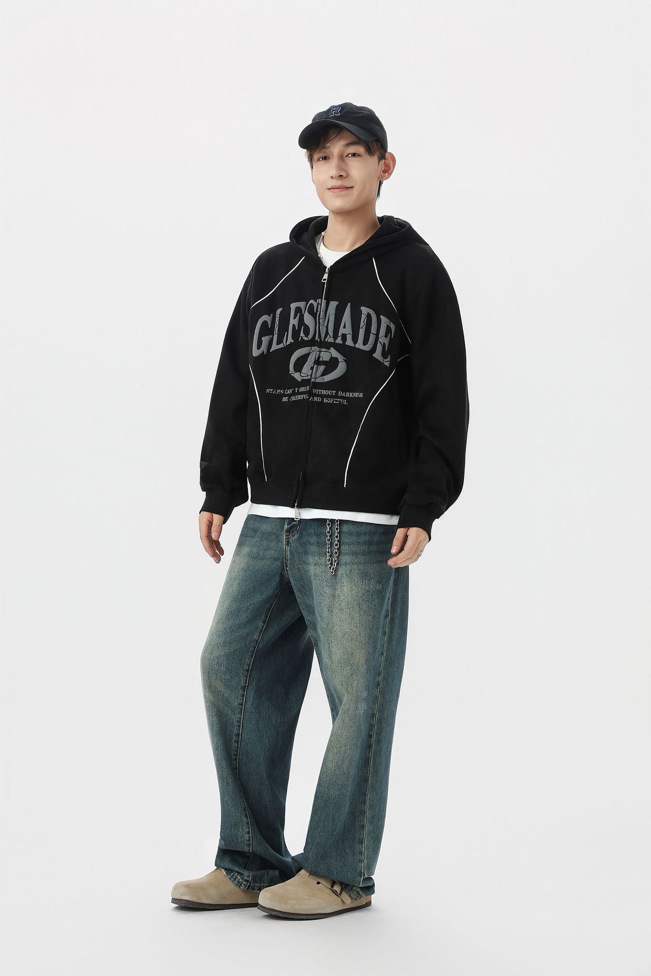 Loose Streetwear Patterned Hood Zipper Sweatshirt
