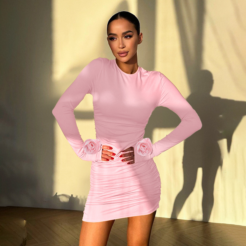 Round Neck Full Sleeve 3D Petal Hip-Hugging Dress